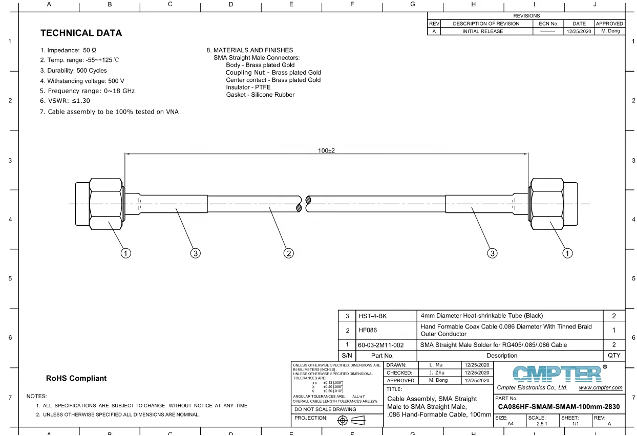  18GHz SMA Мужской к разъем под пайку. 086 RG405