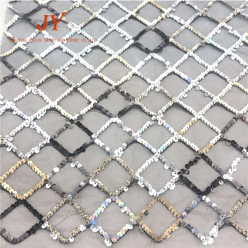 Colorful rhombus embroidered elastic glitter paillette spangle geometric all over sequins embroidery sequin fabric