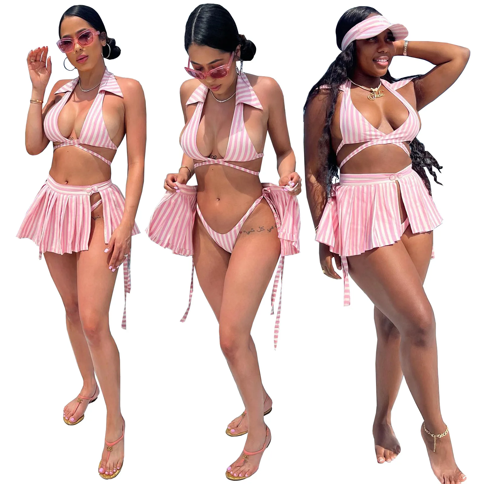 2022 Swimwear Stripe Swimsuit Set Women 3 Pieces Halter Bra Pleated Skirt Bikini Set