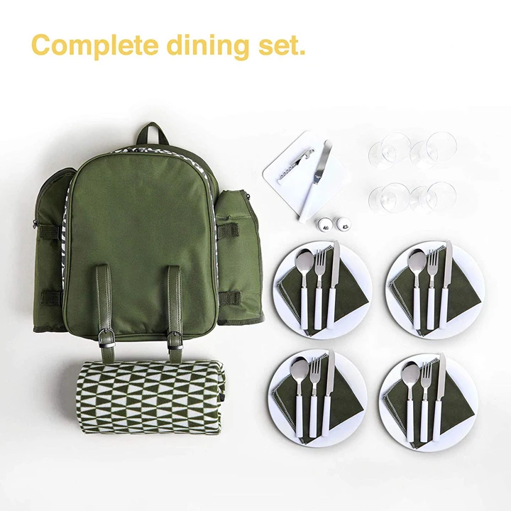 Wholesale Picnic Backpack 4 person with Insulated Cooler Compartment - Green (4 Person)