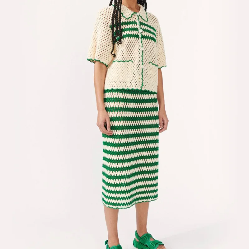 Fashion Knitted Two-Piece Set Women Striped Lapel Hollowed Out Crochet Short Sleeved Top And Half Skirt Sweater Set Women