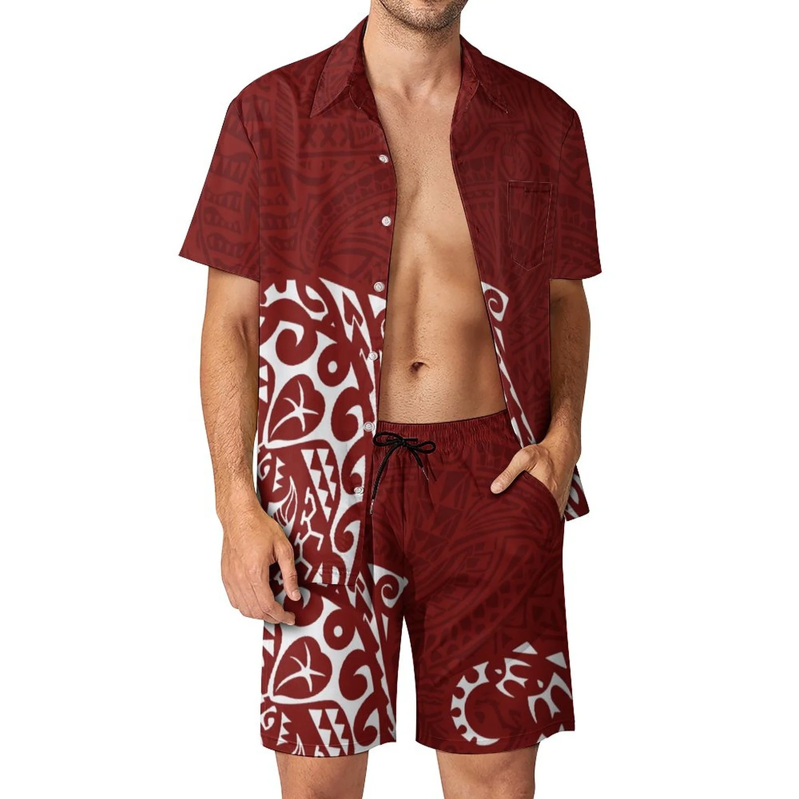 wholesale custom mens blank shirt and shorts printing polynesian hawaiian shirt men beach short 2 piece sets
