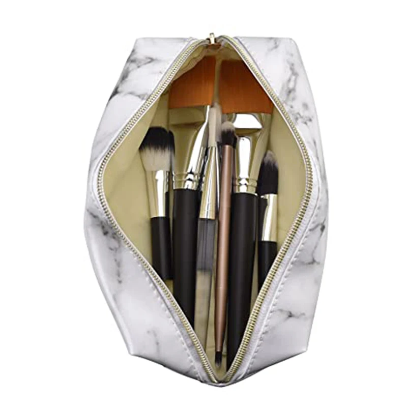 Custom Printing Full Marble Pattern Pu Leather Cosmetic Bag Rectangle Large Capacity Storage Brushes