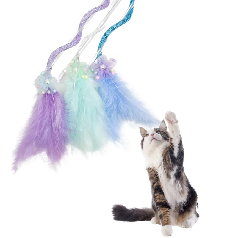 Factory Wholesale Interactive Cat Wand Pet Toy Long Bite-Resistant Pole with Self-Hi Bell Feather for Cats & Their Movement