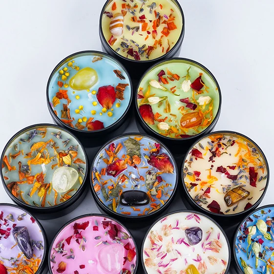 High Quality Low MOQ Fragrance Aromatherapy Spiritual Healing  Home Fragrance Gift Dried Flower Crystal Tin Scented Candles