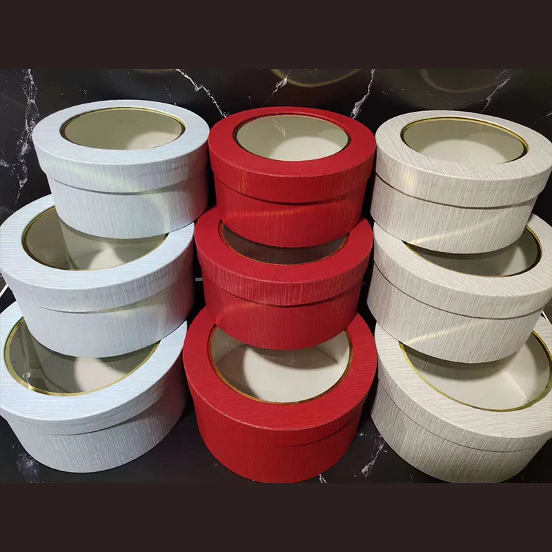 Wholesale Low MOQ Fashion 3 Set Florist Gift Gold Foil Cardboard Round Flower Packaging Box With Clear Window