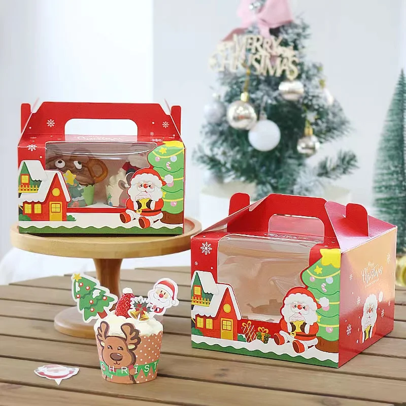 Wholesale Thick Packaging Paper Boxes 1 2 4 6 Pieces Christmas Paper House Gift Box Christmas Cupcake Packaging Box With Window