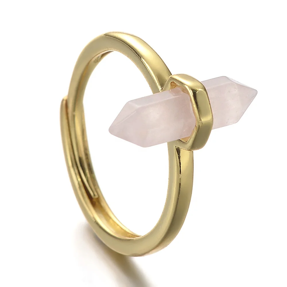 Cliobeads Prism Shape Rose Quartz Amethyst Onyx Crystal Natural Gemstone Ring Adjustable Women Stone Ring