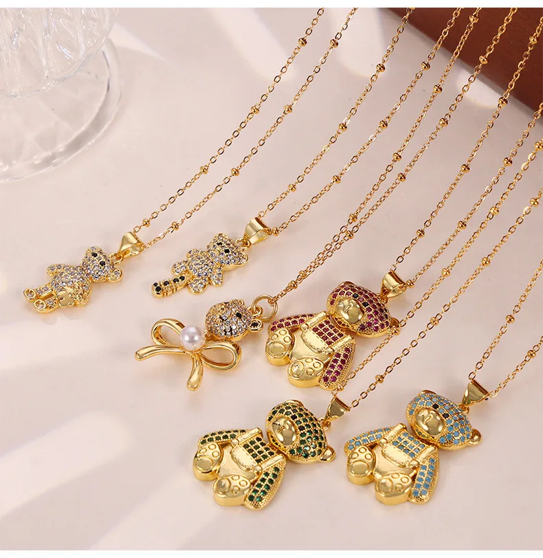 Cutie Fashion Jewelry Zircon Diamond Necklace 18K Gold Plated Micro Inset Cute Bear Pendant Girls Necklace For Women Kids