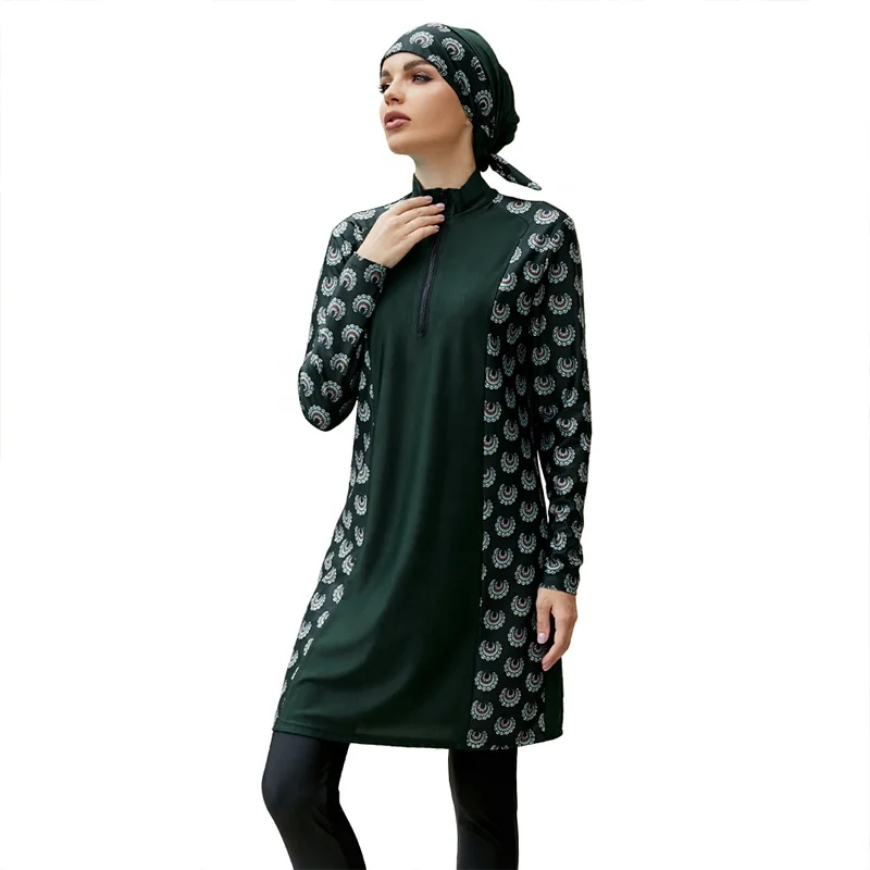 3 Piece Printed Mature Thong Muslim Modest Swimwear Borkini Full Wrap Stretch Slim Fit Long Sleeve Swimsuit Bucket Hat