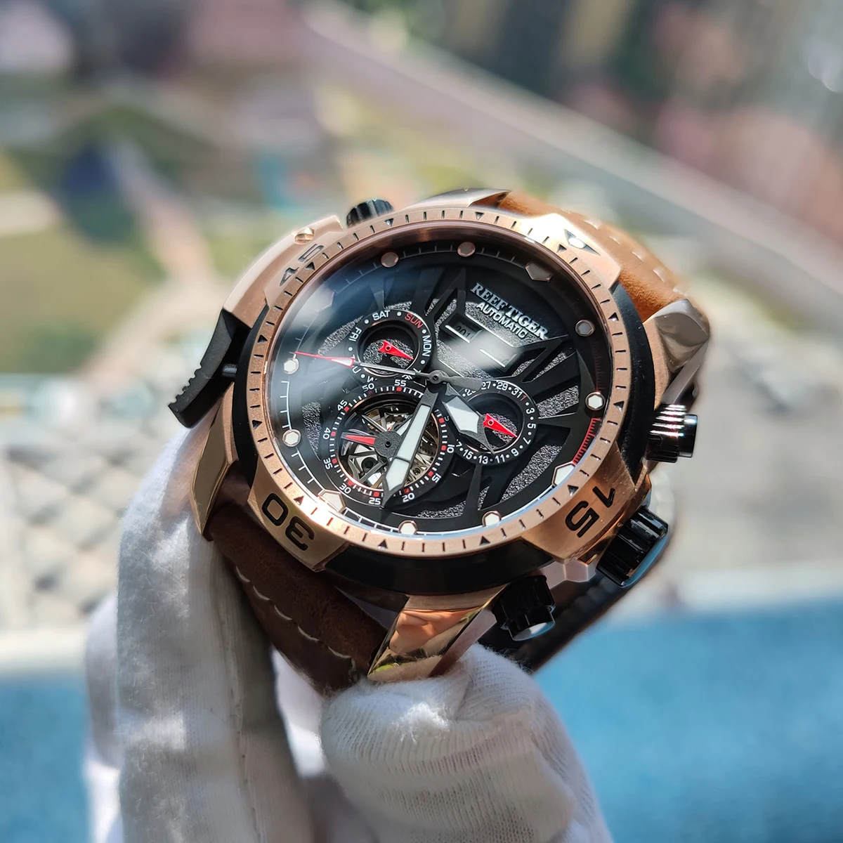 
Reef Tiger Sport Watch Complicated Dial with Year Month Perpetual Calendar Big Steel Case Watches RGA3532 