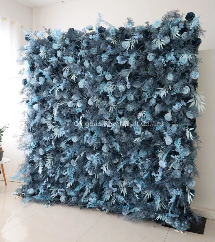 Wholesale Rose Wall Luxury Wedding Flower Wall Decorative 3D Rolled Up Blue Artificial Flower Panels