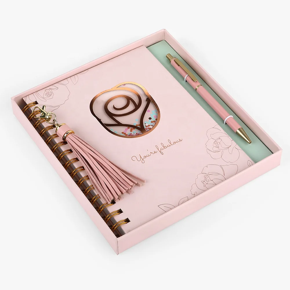 Индивидуальная печатная бумага, персонализированные Необычные розовые золотые цветы, роскошные женские спиральные блокноты формата A5 в твердой обложке с ручкой, подарочный набор