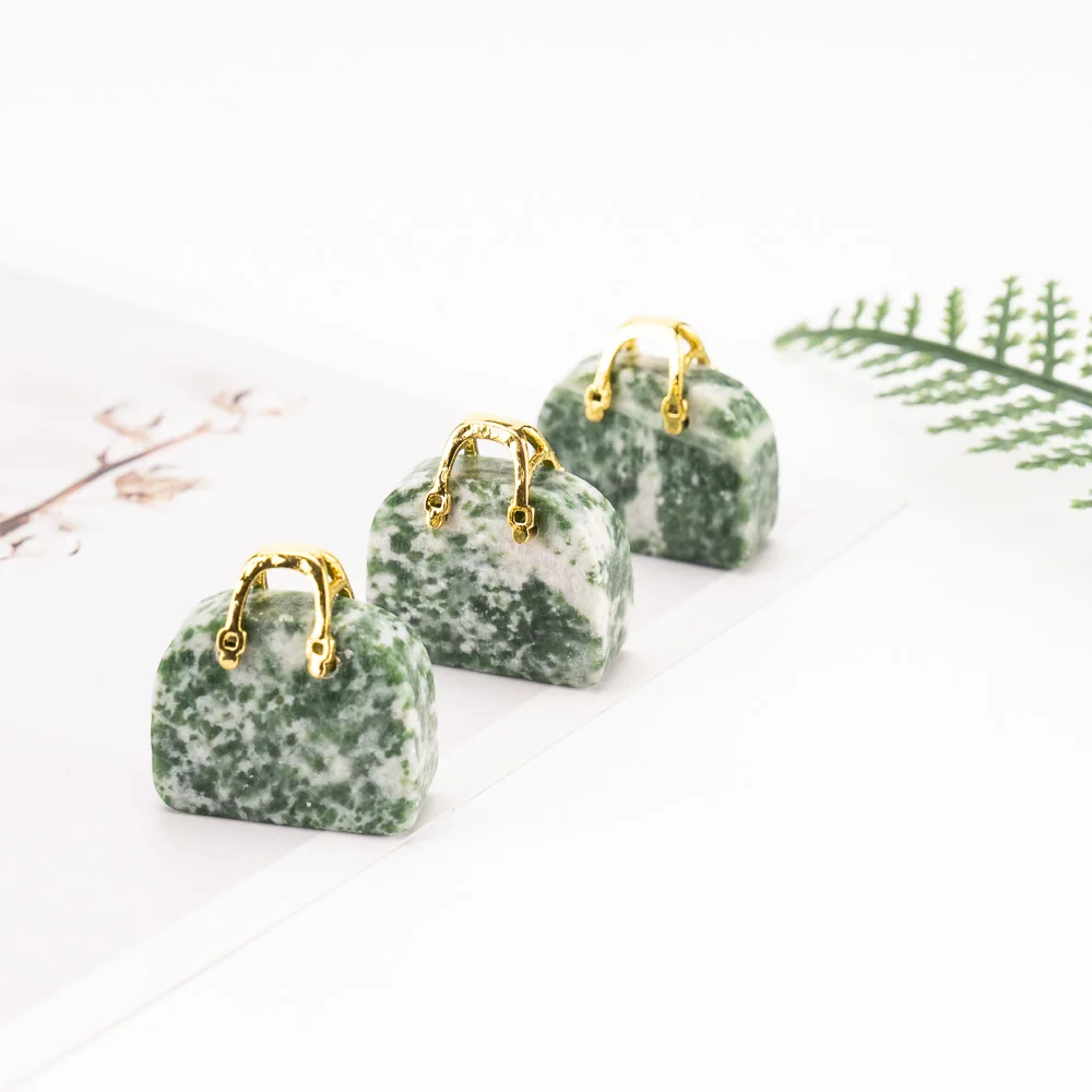 BZ JADE TIFA Factory wholesale 1 inches Mini Green spot Jade Purse Carving  Crystal Handbag Pendant  Gemstone Purse for Gifts