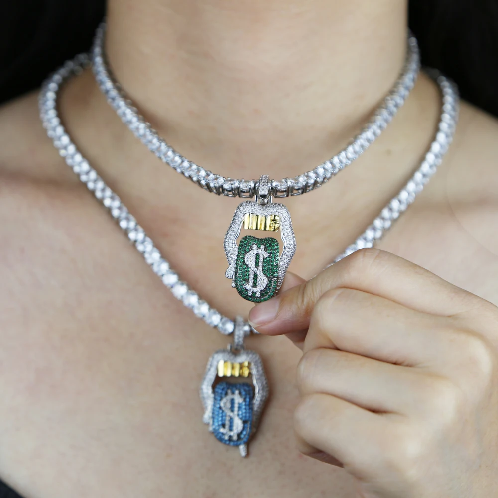 2021 new Hip hop Micro Pave 5a Cubic Zirconia Cz Iced Out Bling Women Girl Jewelry Tennis Chain Dollar Lip Pendant Necklace
