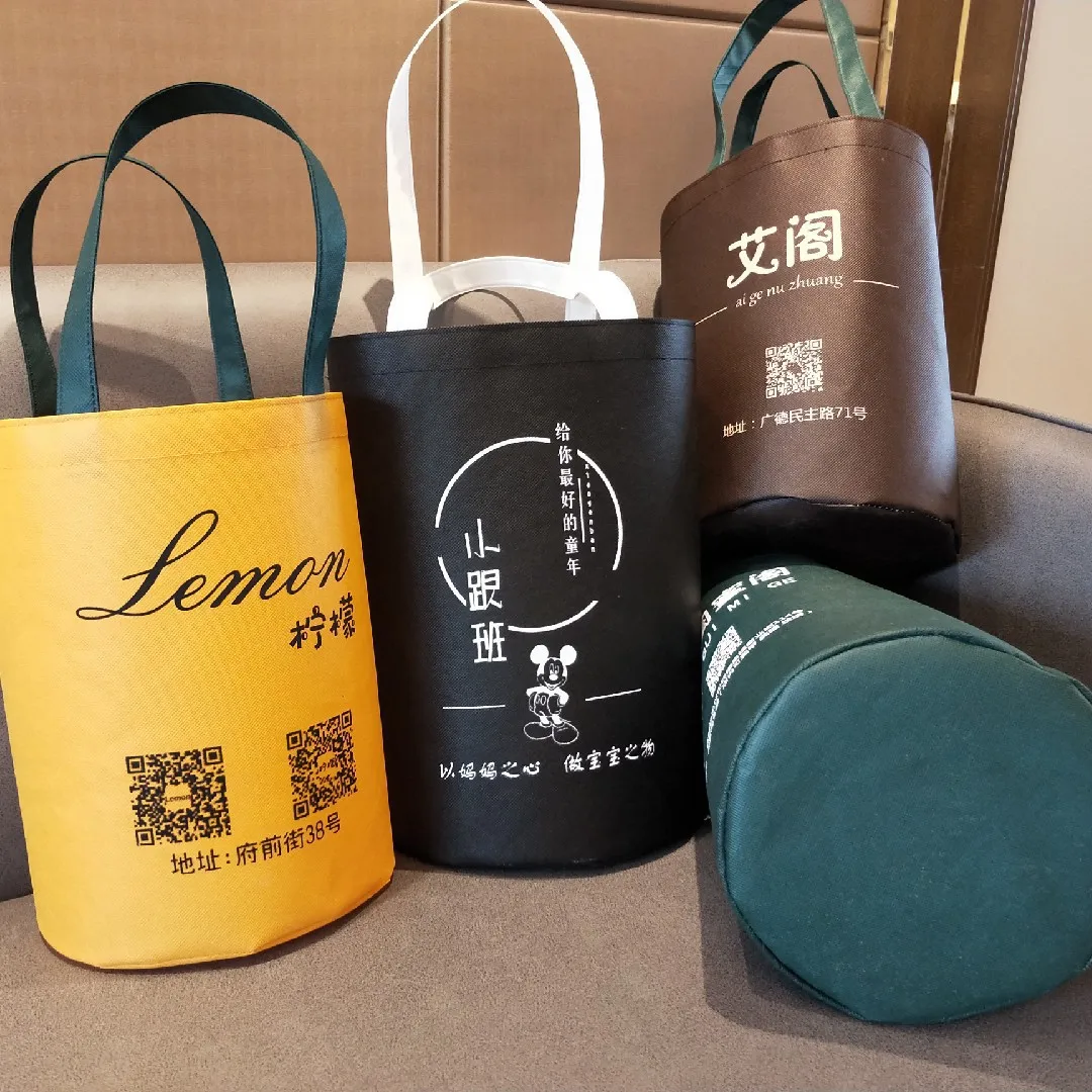 Customized Round Bottom Non Woven Shopping Bag Packaging Reusable Foldable Cylinder Non-woven Bucket Tote Bag