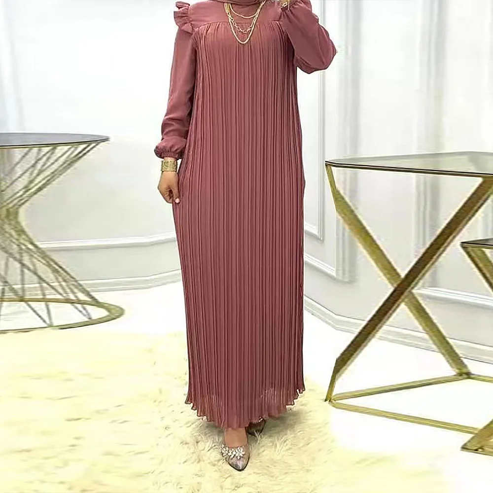 Bicomfort Clothes Women Muslim Loose Fit Dress Solid Color Pleated Long Sleeve O-Neck Casual Dress Undefined
