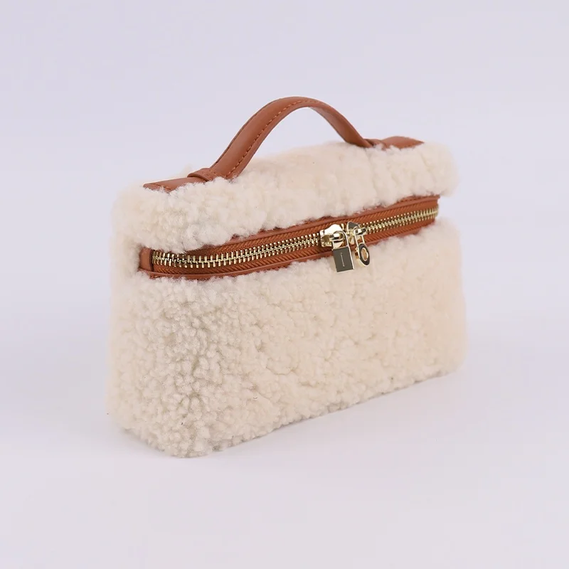 100% Wool real fur small bag makeup bag beige color