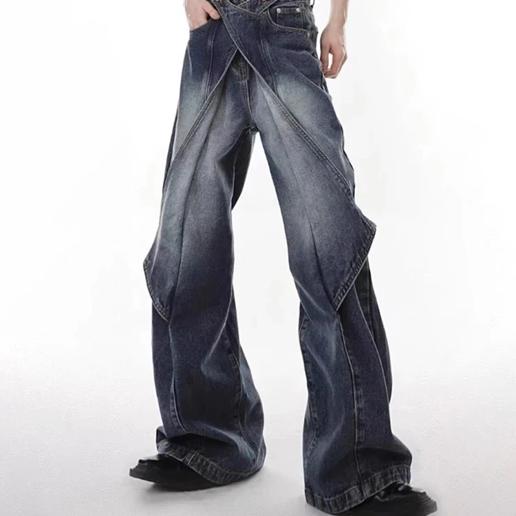 OEM Custom Manufacturer Street wear Buttons Jeans Custom Wave Loose Fit Stacked Wide Leg Flare Vintage Washed Heavy Denim Jeans