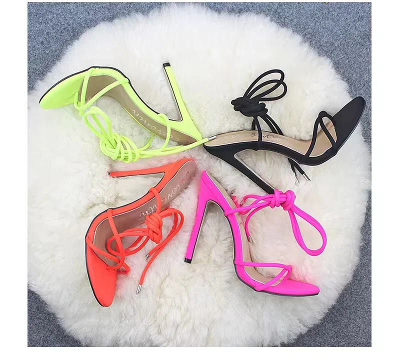 New fashion high heels shoes for women cute candy bright color flip flops lace-up high heels plus size ladies sexy pumps sandal