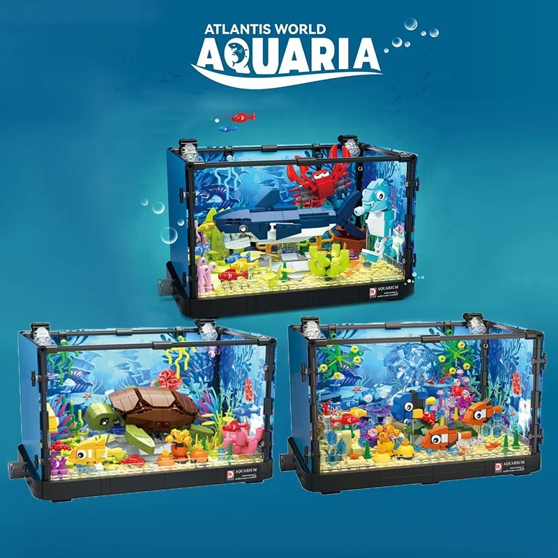 MOC Marine Organism Aquaria Building Blocks Set Movable Aquatic Animal Fish tank Aquarium DIY Assemble Bricks Toy Kit with Light