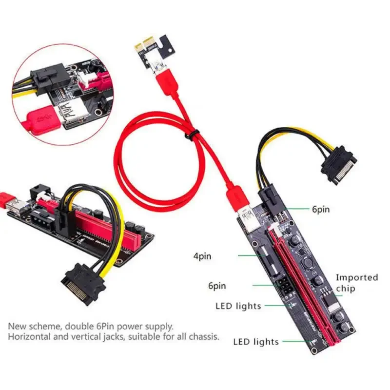 Newest VER009 USB 3.0 PCI-E Riser VER 009S Express 1X 4x 8x 16x Extender Riser Adapter Card SATA 15pin to 6 pin Power Cable
