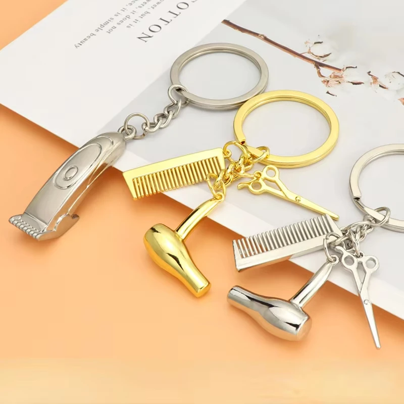 Multifunctional Metal Keychain Hairdryer Scissors Comb Model Keyring Steel Personalized Hairdresser Key Chain