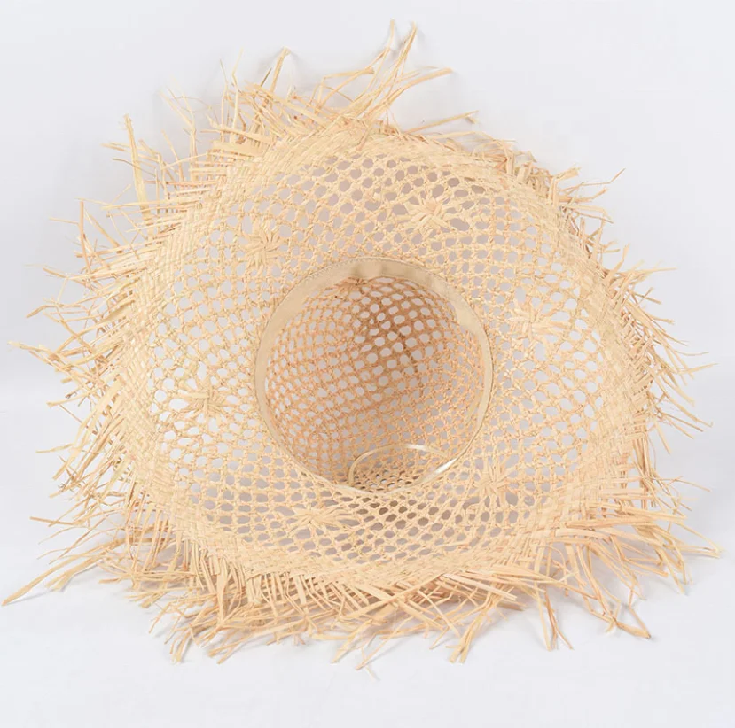 Новинка продажа по оптовым ценам; Принт натуральный с перекрестными шнурками из волокна «раффия» на соломенной шляпы для женщин больших размеров флоппи Защита от солнца пляжная шляпа широкими полями и неподшитой кромкой