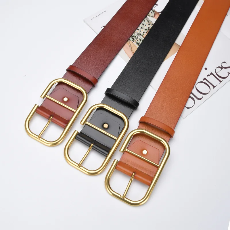 Vintage Wide Leather Belts For Women Big Gold Alloy Pin Buckle Genuine Cowhide Belt