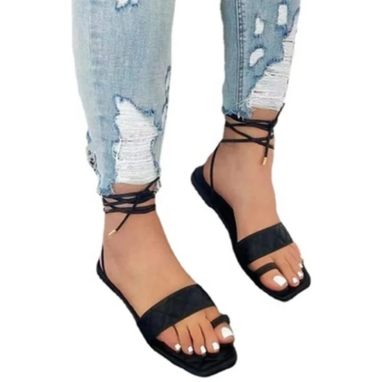 
2021 New Trendy Women Slip-On Entry Toe Stopper Ring Square Toe Wrap Around Ankle Lace Up Flat Sandals 