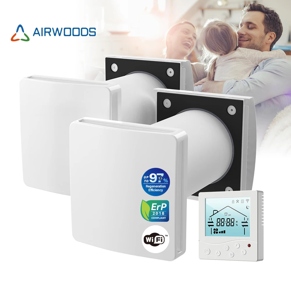 Eco-pair single room erv hrv 97% regeneration efficiency for bathroom F7 MERV11 filter with CO2 sensors