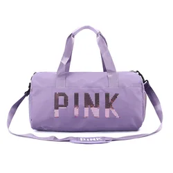 Customized Glitter Shiny Logo Large Capacity Pink Duffle Bags Women Waterproof Sports Travel Duffel Bags With Shoe Compartment
