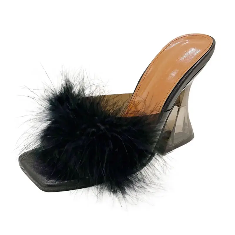 Summer  Sexy Strange Transparent Heels Slippers Fur Feather Sandals Peep Toe Slip-on Clear Shoes Women Slides
