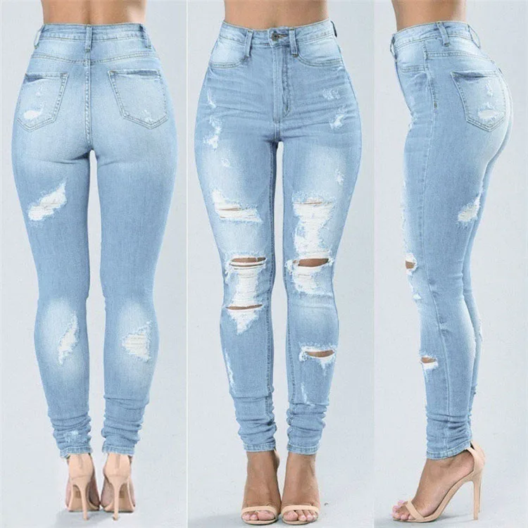 Ripped Hole Stretch Sexy Women Tight Jeans Pants Women Pencil Pants Skinny Jeans High Waist Denim Pencil Long Pants Trousers