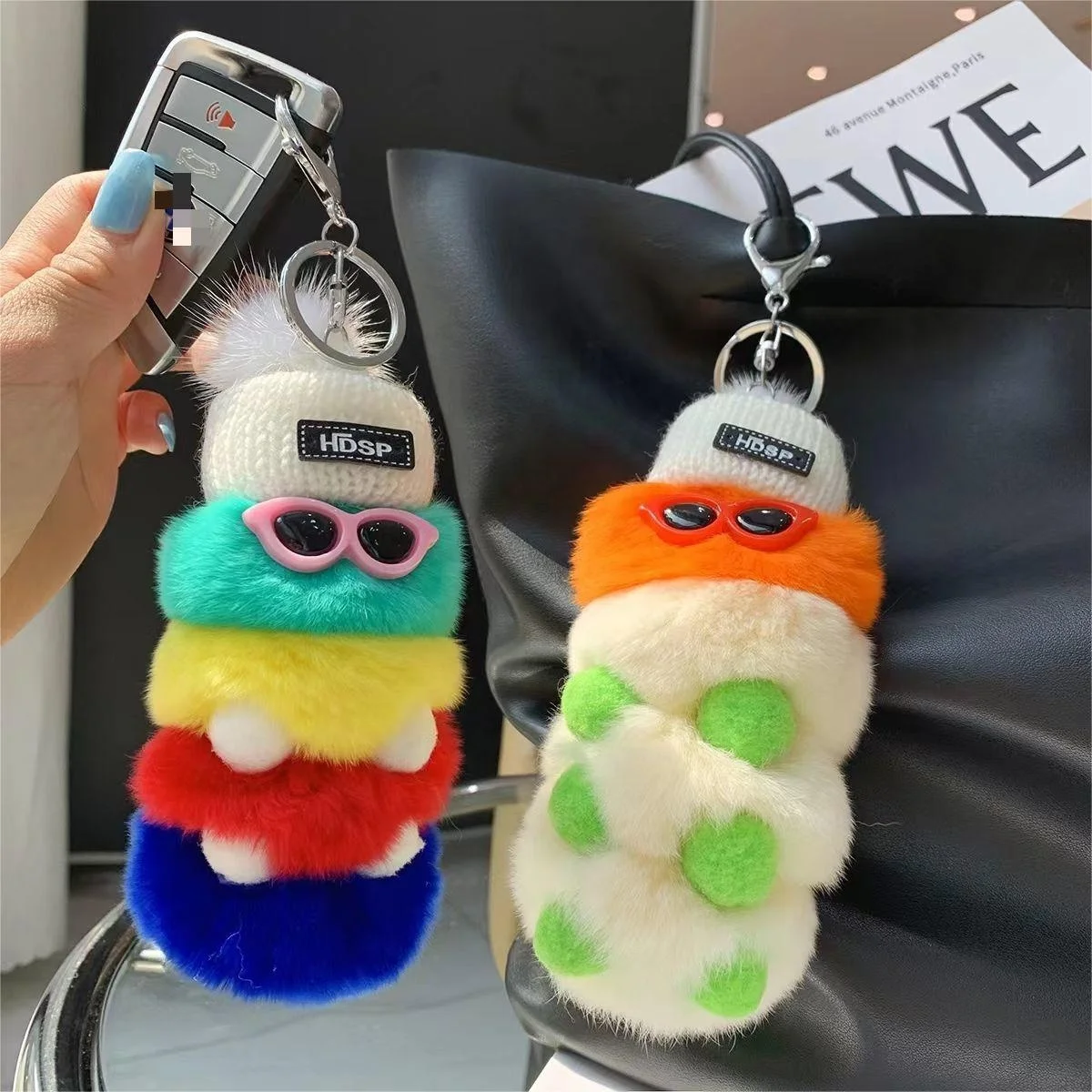 Wholesale Multicolor Furry Ball Caterpillar Rex Rabbit Fur Keychain Pendants
