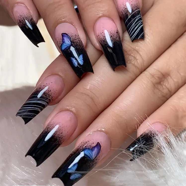 Romantic Rain Custom Press On Full Cover Acrylic Nails Ombre Shining Diamond Sequins Long French Blue Pink 24Pcs/Box Blind Box