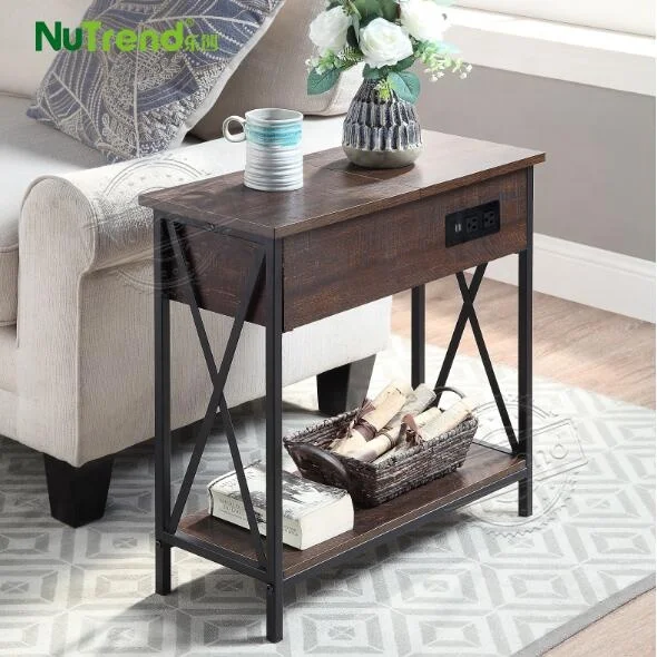 Industrial Antique Wood Metal Living Room Sofa Accent End Table Modern Black USB Port Charging Chair side Table