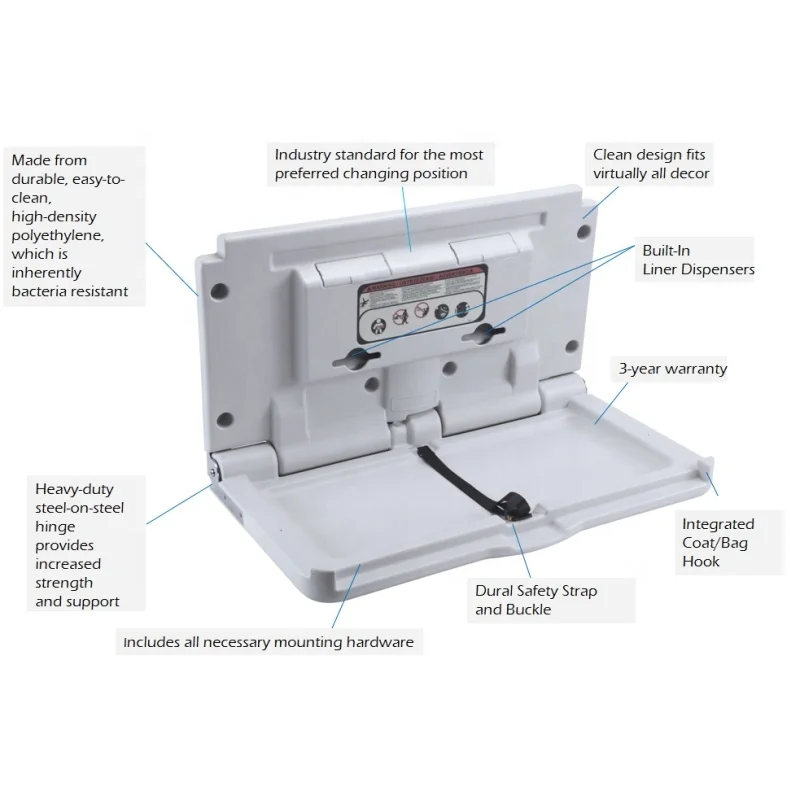 Commercial HDPE Wall Folding Change Station Sturdy Baby Diaper Change Unit With Security Dual Protected Belt System White Grey
