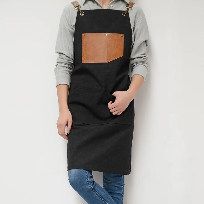 
Canvas Apron Bib Leather Straps Kitchen Apron for Restaurant Waitress Apron Custom Print Logo BBQ 