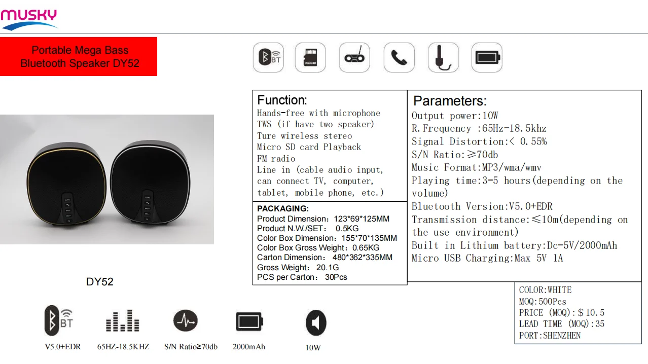 
MUSKY DY52 FM Radio TWS Blue tooth usb Speaker Wireless Mini Home Waterproof Subwoofer BT Car Speaker Extra Deep Bass 