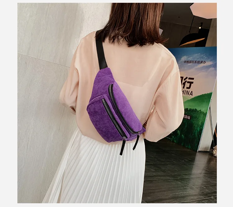 Wholesale  OEM Custom Logo  Adjustable Strap Money Phone Belt  Bag Double Zipper Corduroy Fanny Pack Waist Bag for Men Women
