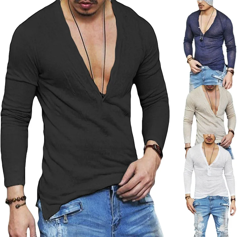 FanLi Mens Casual V Neck T-Shirt Slim Fit Muscle Top Long Sleeve Linen Summer Shirt
