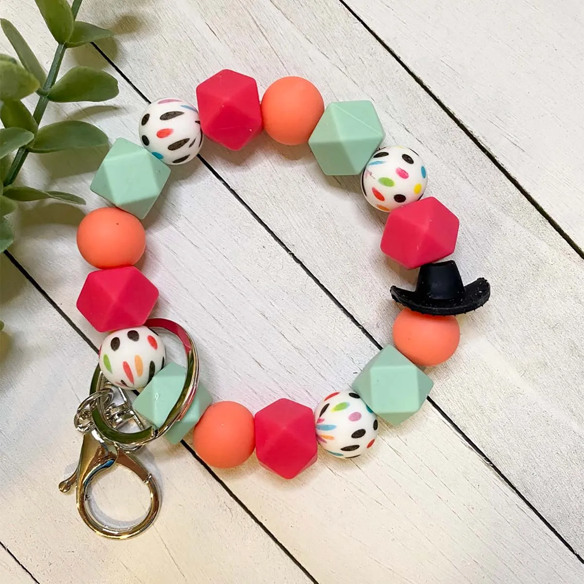 Girls Accessories Cow Print Silicone beads Bracelet Western Style Cowboy Hat Wristlet Keychain for Women