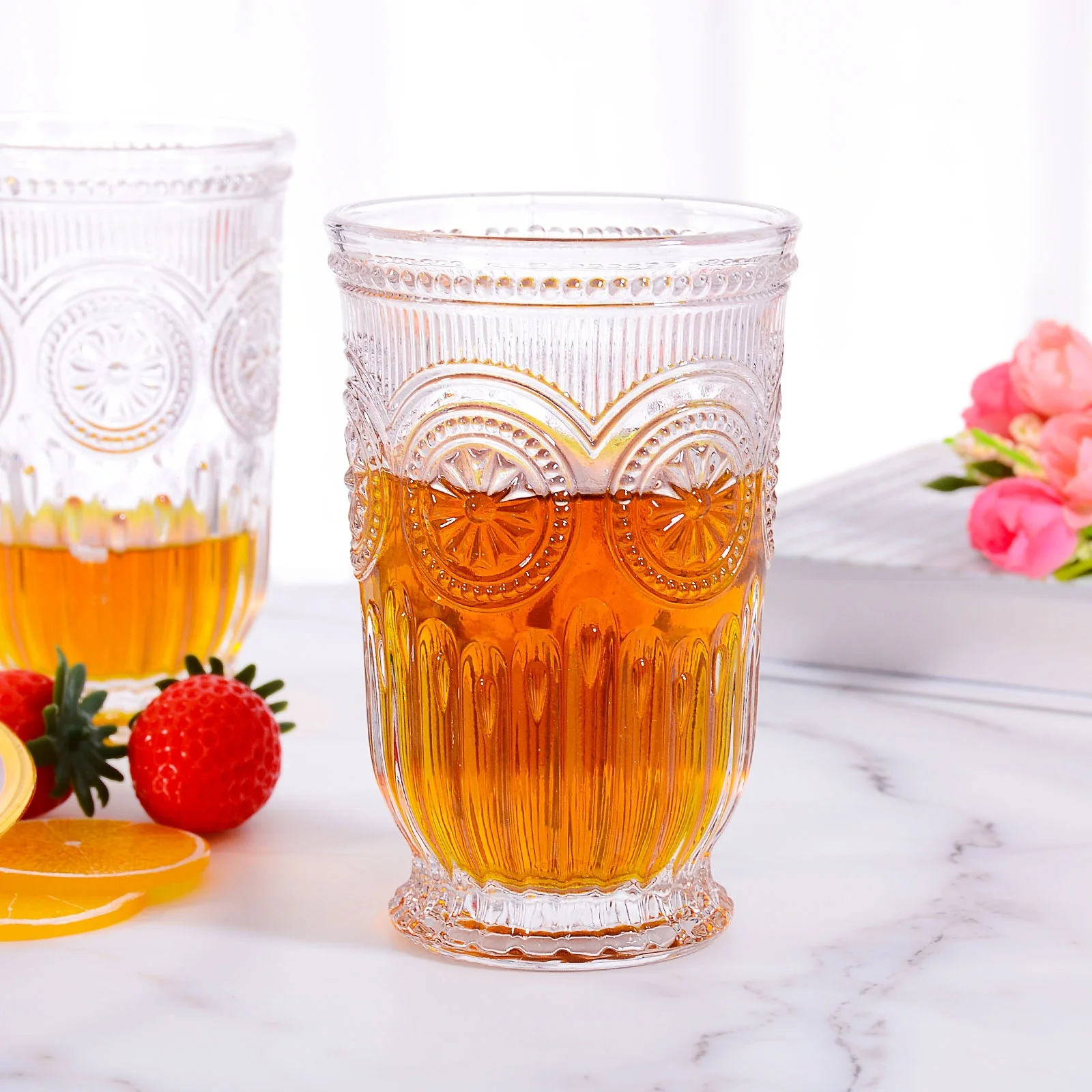 Mexico Style 550ml Pressed Sunflower pink Colored Vintage Embossed Red Wine Goblet Glasses Set