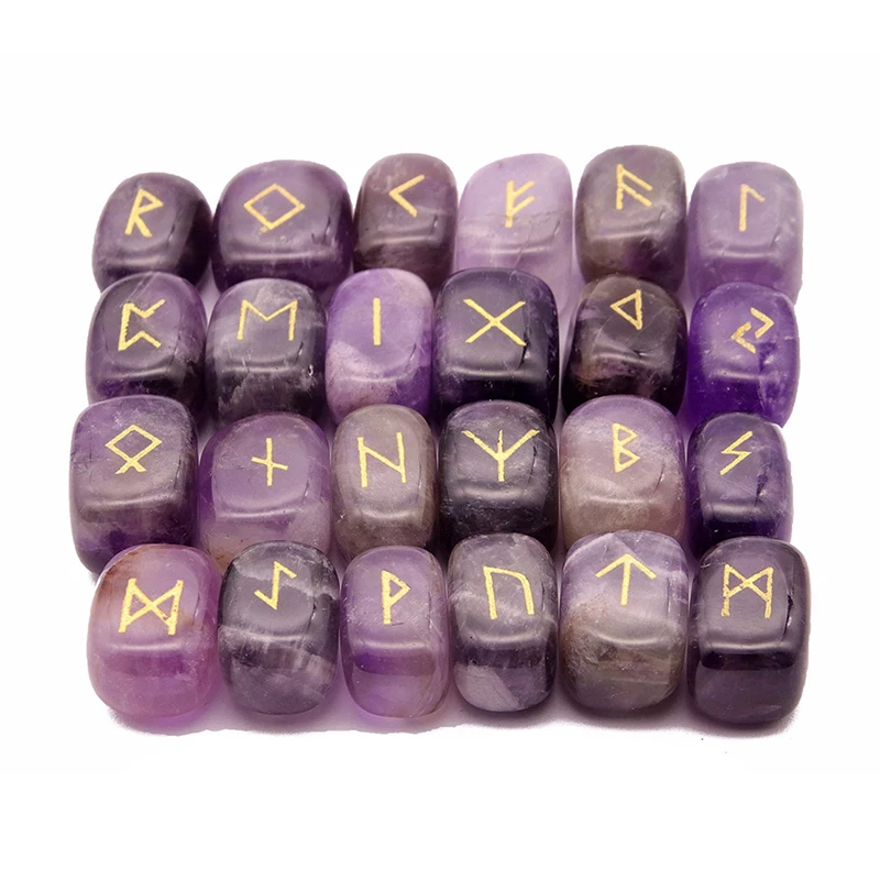 2023 High Quality 25pcs/set Natural Square Amethyst Rune Set Wholesale Rune Set Natural Stone Ornaments