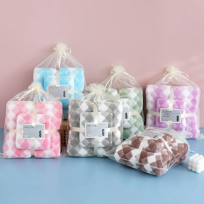 Wholesale highly absorbent high quality microfiber coral fleece towel set face hand cleaning towel bath towels set large