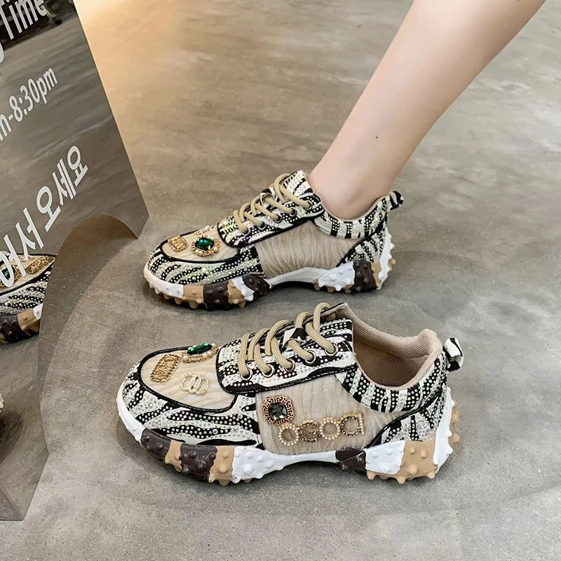 New Fashion Chunky Sole Women Casual Walking Style Shoes Other Trendy Low Top Rhinestone Lady Vegan Sneakers.