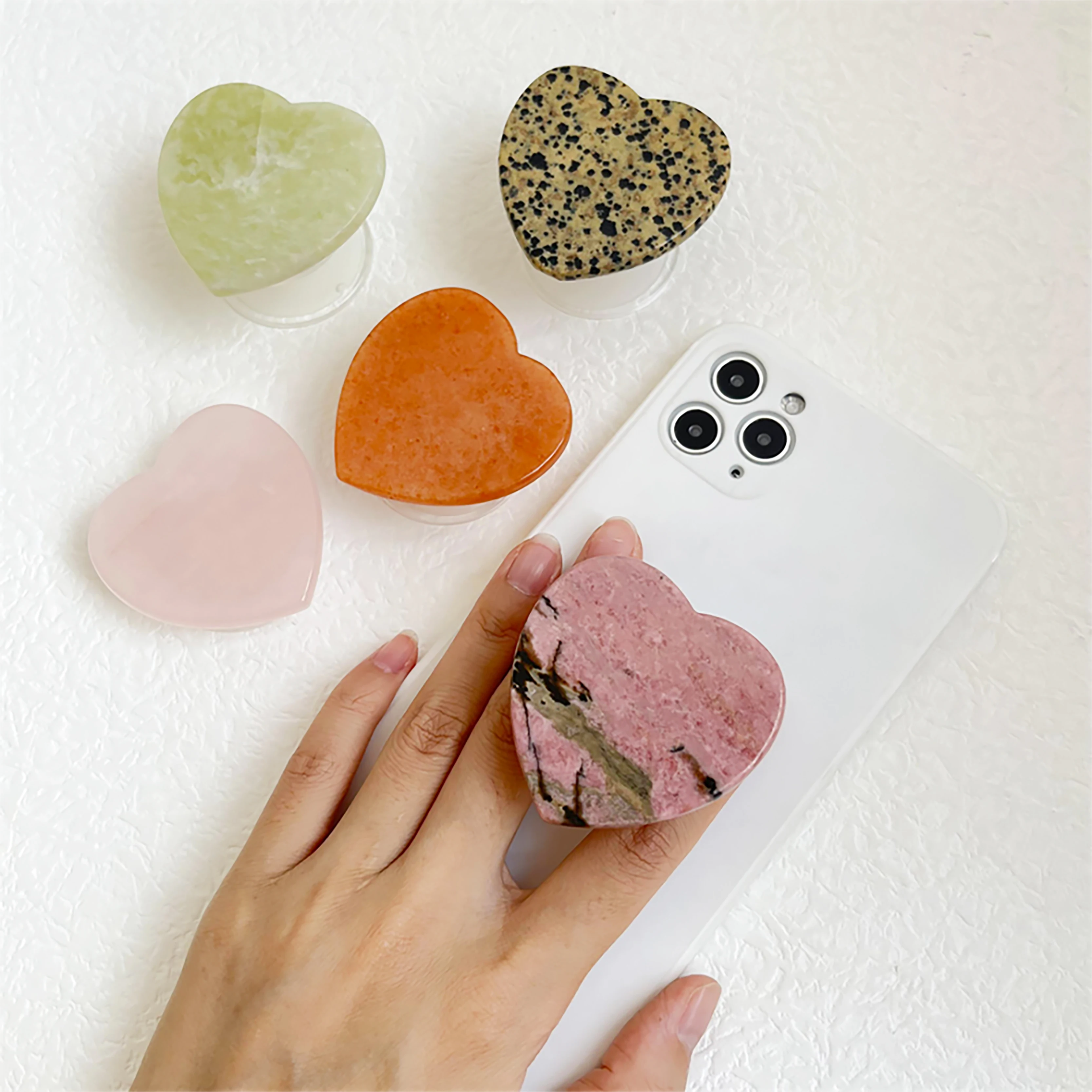 Wholesale Natural Stone Mobile Phone Holder Heart Shaped Cell Phone Grip Agate Stone Poppings Up Phone Socket Stand
