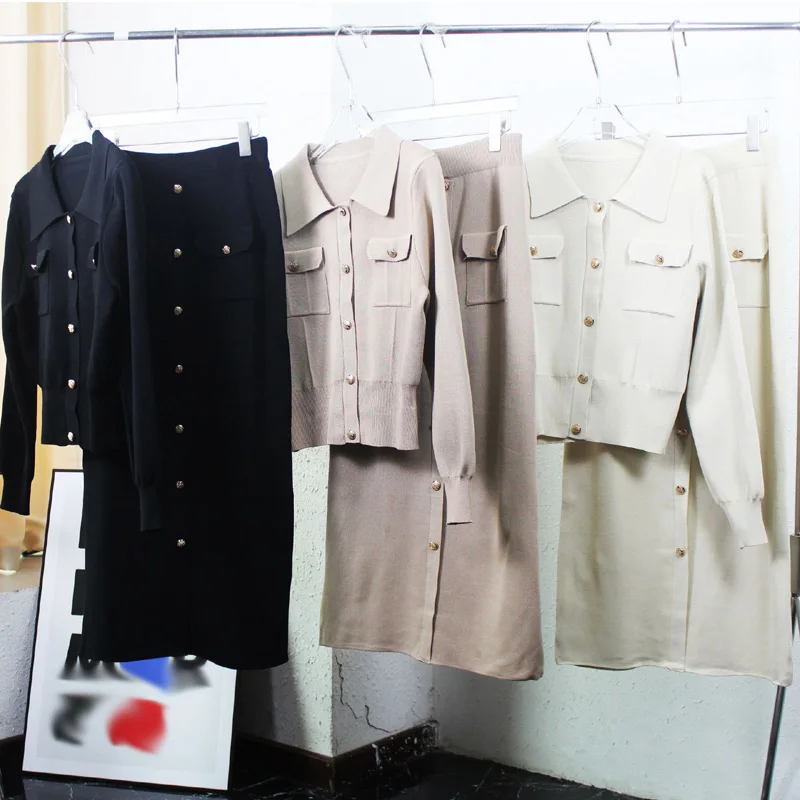 TS520 New 2025 New Solid Turn-down Collar Sweater Tops and Wide Skirt Set Women Two Pieces Sets Clothing