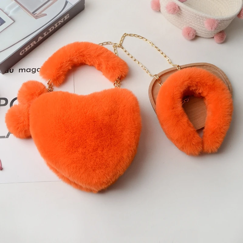 Aotemao 2021 New Fashion Fur Heart Purse with Headband Set Designer Lady Cute Heart Shaped Purse Handbags